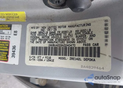 2010 Toyota Corolla Le z USA, uszkodzony, nr VIN 1NXBU4EE9AZ240470